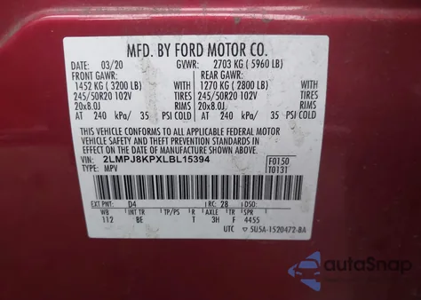 2020 Lincoln Nautilus Reserve z USA, uszkodzony, nr VIN 2LMPJ8KPXLBL15394